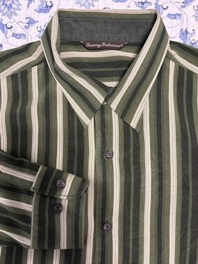 Tommy Bahama men’s casual button down shirt green ivory stripes size Large